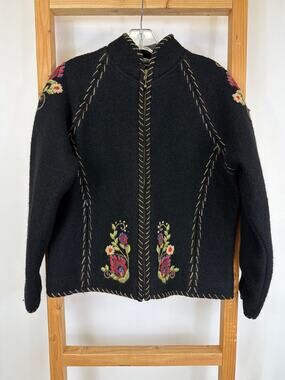 Vintage Icelandic Design Black Wool Embroidered Floral Zip Up Jacket Size L